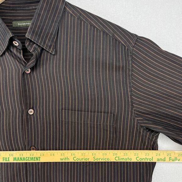 ERMENEGILDO ZEGNA Shirt Mens XL Striped Herringbone Twill Button Up Cotton Brown - Picture 13 of 15